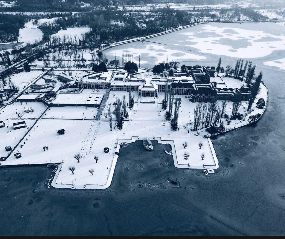Real winter aerial photograph of SKICC beside Dal Lake